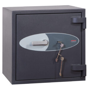 The Phoenix safe Cosmos HS9071K isa euro grade 5 commercial safe, retail safe or a jeweller safe. It has £100,000 cash rating or is suitable to protect up to £1m of Jewellery/valuables. Solid build, fire resistant and highly secure it also makes for a super strong safe for the home. UK insurance approved, its door is secured by twin double bitted key locks.