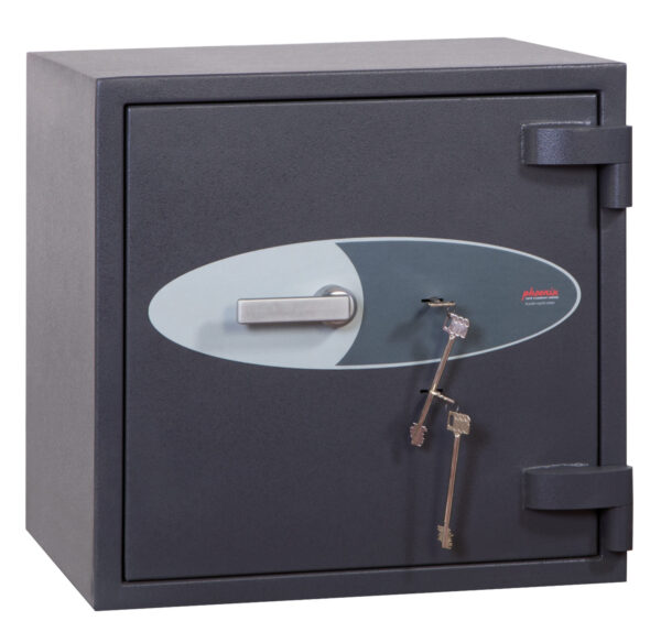 The Phoenix safe Cosmos HS9071K isa euro grade 5 commercial safe, retail safe or a jeweller safe. It has £100,000 cash rating or is suitable to protect up to £1m of Jewellery/valuables. Solid build, fire resistant and highly secure it also makes for a super strong safe for the home. UK insurance approved, its door is secured by twin double bitted key locks.