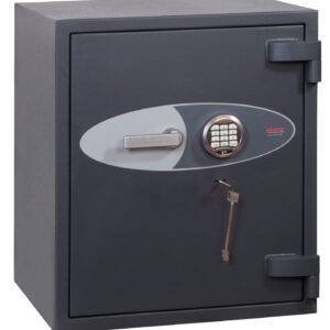 The Phoenix safe Cosmos HS9072E is a euro grade 5 security safe that is classed as a commercial safe, jeweller safe or general high grade retail safe. This is a desk high, 680mm tall safe for the home with 154 litres of storage capacity. Weighing in at 757kg, we highly recommend a professional install. This safe is shown with its door closed and fitted with a VdS Class II key lock with 2 keys and an advanced electronic code lock. Sheer quality and strength!! with key and electronic locks.