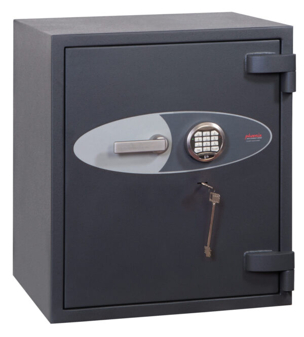 The Phoenix safe Cosmos HS9072E is a euro grade 5 security safe that is classed as a commercial safe, jeweller safe or general high grade retail safe. This is a desk high, 680mm tall safe for the home with 154 litres of storage capacity. Weighing in at 757kg, we highly recommend a professional install. This safe is shown with its door closed and fitted with a VdS Class II key lock with 2 keys and an advanced electronic code lock. Sheer quality and strength!! with key and electronic locks.