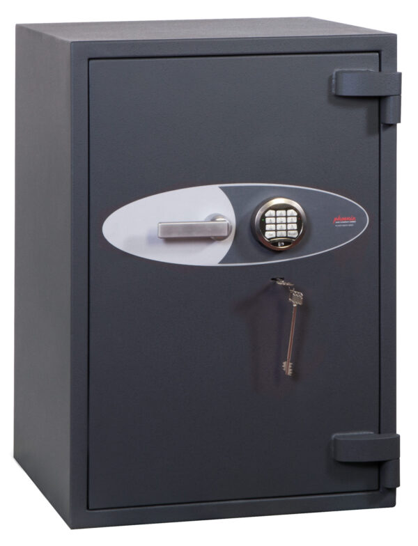 This Phoenix safe cosmos hs9073e is a euro grade 5 security safe. Normally used as a high grade commercial safe, retail safe or even a jeweller safe. With its size being a height of 1020mm by 690mm square, its weight of 875kg, we recommend a professional install. The image shows the safe with its door closed, painted in graphite grey and really looking like a high security safe. Indeed, this beast has anti drill platework and security re-lock devices attached to the safe locks. Yes, this grand safe comes with VdS Class II key and electronic locks. with key and electronic locks.