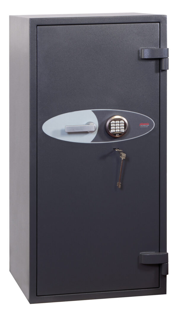 The Phoenix safe cosmos hs9074e euro grade 5 security safe is a whopping 1094kg and packed with hidden security to stop burglars. Mainly used as a commercial or jeweller safe, these do sell as a safe for the home to protect up to £1m of jewellery or valuables. This is 1330 mm tall by 690mm square, painted graphite grey. Fire tested for 30 minutes and fitted with 3 way, angular locking bolt work. It is a safe of great strength!. This safe has the benefit of 2 VdS Class 2 locks. One is an advanced super quality electronic code lock, the other is a high security double bitted key lock. It is offered at the UK's lowest price, and we are very keen to ensure it remains so, plus, we have low cost professional install options for UK nationwide installation. Need this safe anywhere in Europe... put us to the test. We beat all other euro zone suppliers too!