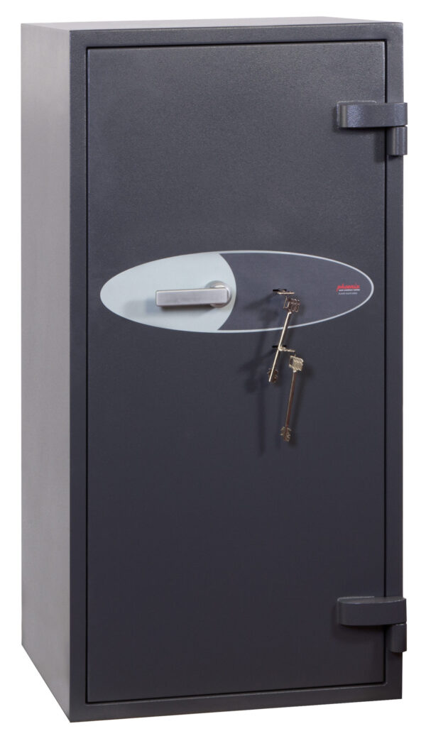 The Phoenix safe Cosmos HS9074K is a high grade euro grade 5 security safe that is at home as a commercial safe, jeweller safe, retail safe and safe for the home. Certified by ECB.S test hose and able to hold £100,000 or up to £1m of jewellery. Build like a fortress, this safes has security in abundance, and its fire tested too to protect any documents. It is 1330mm tall and painted in a graphite grey paint, that should indeed last for years. This safe comes with two high security double bitted key locks, each with 2 keys.