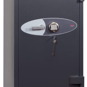 The phoenix safe cosmos hs9075e is a euro grade 5, high grade security safe for the protection of £100,000 in cash or is suitable to store up to £1m of jewellery or valuables, subject to your insurer confirmation. This quality safe is recognised by the UK AiS insurance. Tested to the highest ECB.S standards, it beats most safes for its hidden security, including re locking devices on each lock. Of which this comes with an electronic code lock and a double bitted key lock. A safe of this calibre is recommended to be professionally installed. This one weighs in at 1250 kg. The price suggested is probably the cheapest in the UK, and we don't get beaten on install costs either. Top quality, delivered in around 5 days from stock... what more can you ask for!! with key and electronic locks.