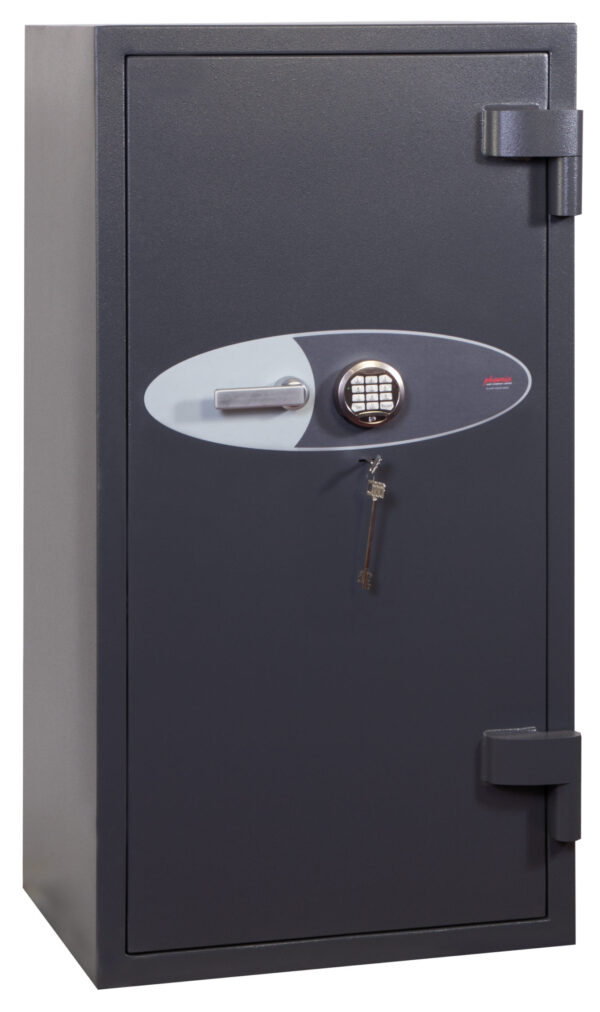 The phoenix safe cosmos hs9075e is a euro grade 5, high grade security safe for the protection of £100,000 in cash or is suitable to store up to £1m of jewellery or valuables, subject to your insurer confirmation. This quality safe is recognised by the UK AiS insurance. Tested to the highest ECB.S standards, it beats most safes for its hidden security, including re locking devices on each lock. Of which this comes with an electronic code lock and a double bitted key lock. A safe of this calibre is recommended to be professionally installed. This one weighs in at 1250 kg. The price suggested is probably the cheapest in the UK, and we don't get beaten on install costs either. Top quality, delivered in around 5 days from stock... what more can you ask for!! with key and electronic locks.