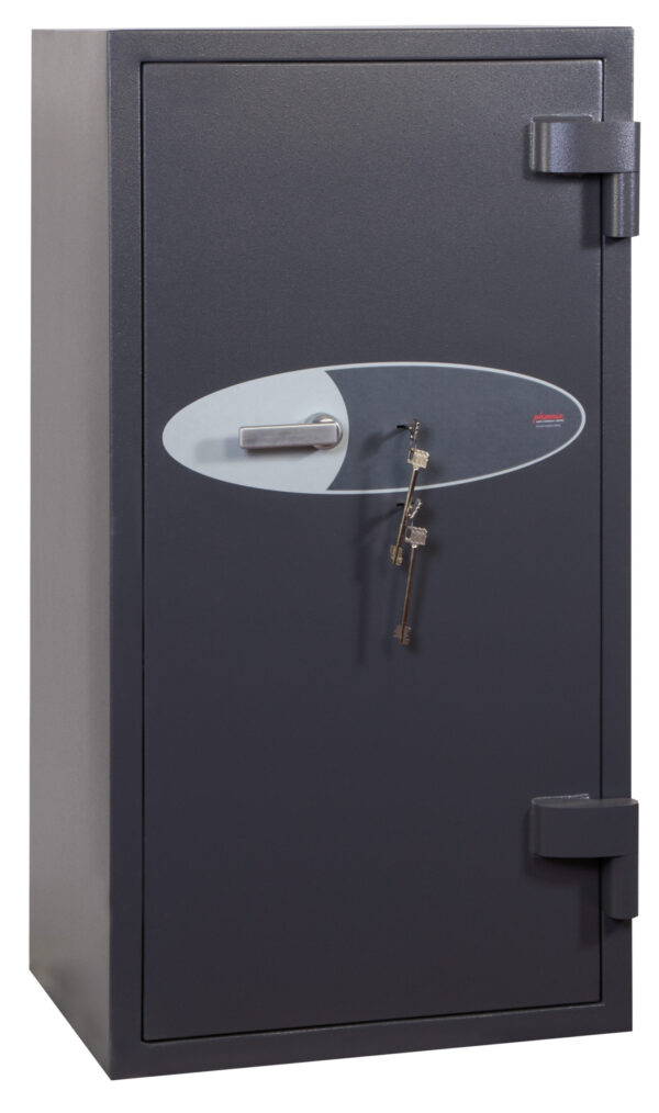 Its big, its strong, its ECB.S tested and certified. This Phoenix safe Cosmos HS9075K is a euro grade 5 security safe with 2 key locks. Its used as a commercial safe, retail safe and jeweller safe and its great as a domestic high grade safe. Approved to store £100,000 in cash or £1m of jewellery or valuables. Internal security devices protect the locks making this a really hard safe so break. Size: It is 1520mm tall by 690mm square , its heavy... only 1250kg. We recommend professional delivery.