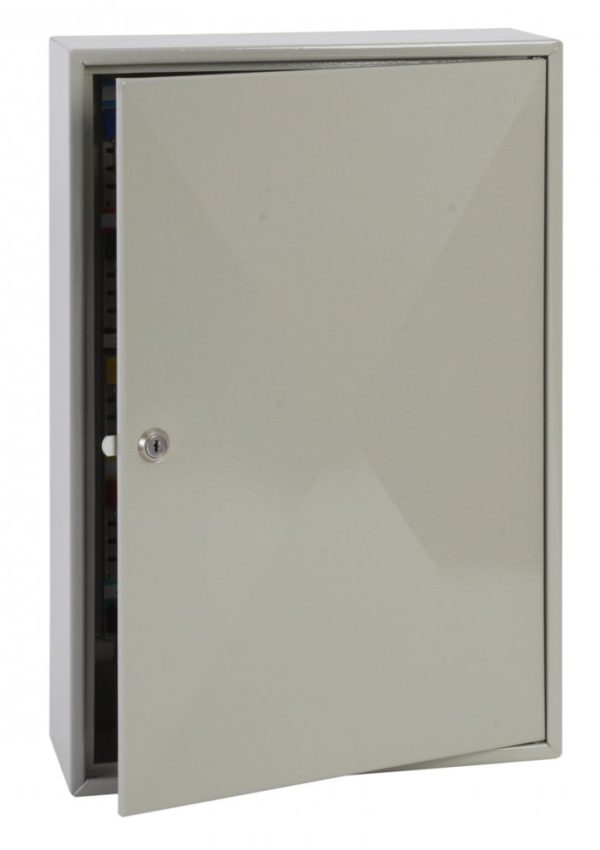 This Phoenixsafe Deep key cabinet KC0300 Series - KC0302K is made using folded steel and is of sturdy construction. Supplied with adjustable key hook bars to accommodate different bulky keys using its included colour coded key tabs, key rings and number labels. In addition, a removable key control index is included for key control use. It has 100 key hooks.