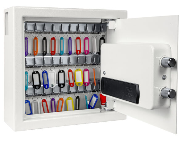 This is the Cygnus KS0031E deposit key cabinet shown fully open. It comes with multi colour key tags for key identification.