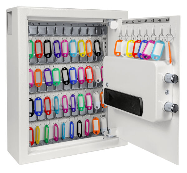 This is the Cygnus KS0032E deposit key cabinet shown fully open. It comes with multi colour key tags for key identification.