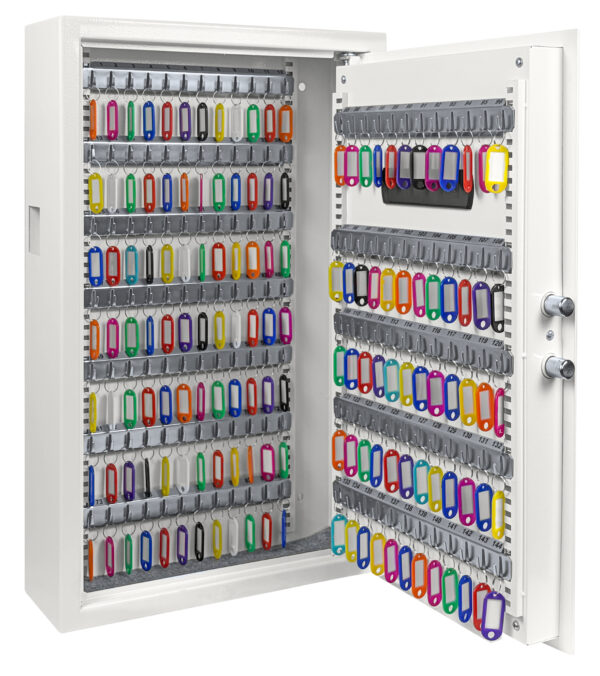 This is the Cygnus KS0033E deposit key cabinet shown fully open. It comes with multi colour key tags for key identification.