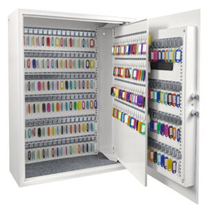 This is the Cygnus KS0034E deposit key cabinet shown fully open. It comes with an 300 key hooks and multi colour key tags for key identification.
