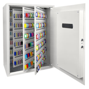 Cygnus KS0036E Deposit key cabinet shows door open. You can see the leaves of key hooks and an array of multi coloured key fobs.
