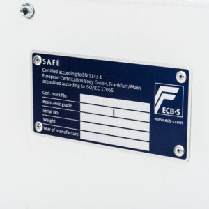 All De Raat Prisma Grade 1 safes benefit from ECB.S testing. Its certification badge is rivet fixed to the back of each safes door. ECB is the European Certification Board.