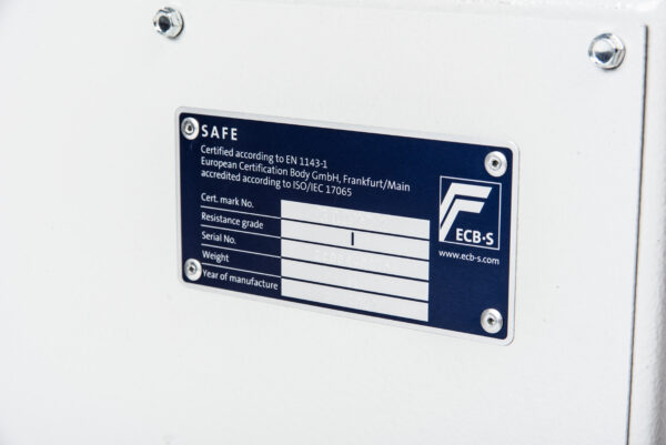 All De Raat Prisma Grade 1 safes benefit from ECB.S testing. Its certification badge is rivet fixed to the back of each safes door. ECB is the European Certification Board.