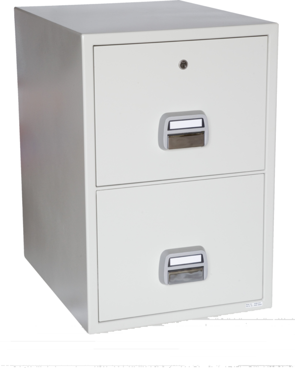 The De Raat Protector SF0680-2DK is a 2 drawer fire resistant filing cabinet with 90 minutes fire protection for paper records. It offers great capacity and makes a good office fire filer. Furnished with a secure key lock and supplied with 2 keys.