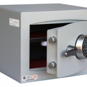 The Securikey Mini Vault Silver S2 1E is shown open. Its electronic lock has motorised bolts to allow the door to be pulled gently open by its handle. Its makes a good security safe for the home