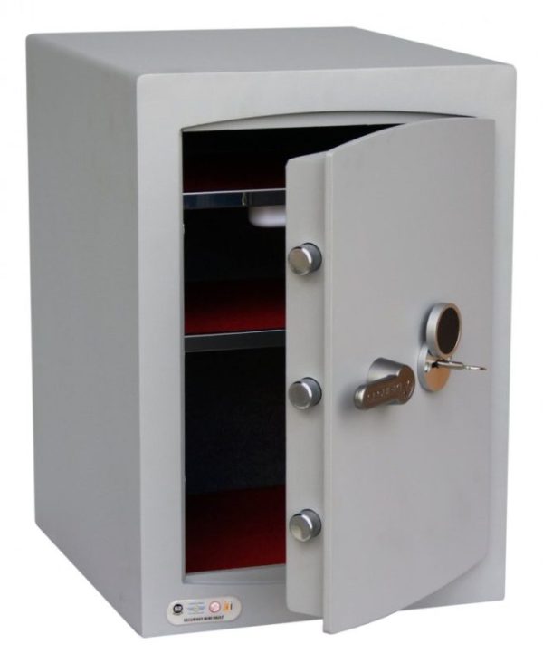 The Securikey Mini Vault Silver 2k is seen with its door ajar. The key is inthe lock.