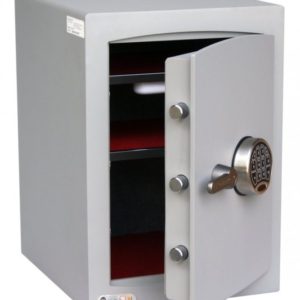 Shown with its door ajar, this Securikey Mini Vault S2 2E IS A N UPRIGHT £4000 RATEDSECURITY SAFE FOR THEHOMETHAT ISPERFECT AS AN OFFICE SAFE.