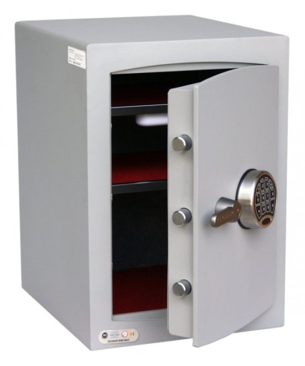 Shown with its door ajar, this Securikey Mini Vault S2 2E IS A N UPRIGHT £4000 RATEDSECURITY SAFE FOR THEHOMETHAT ISPERFECT AS AN OFFICE SAFE.