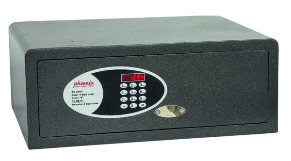The Phoenix Safes Dione Hotel and laptop SS0311E is a £1000 rated safe that is ideal as a hotel safe, guest house safe or even a students residential safe. It is good to store a 17" laptop and uses a code to lock and code to open facility. This comes in graphite grey and its size is 200 x 520 x 405 mm. It uses a motorised electronic lock and features LED status.