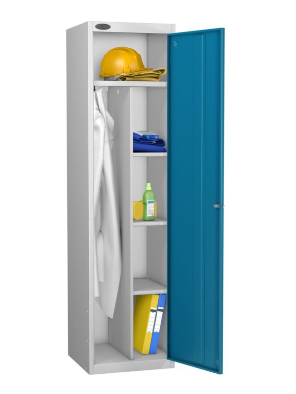 The Probe Uniform and janitors locker 70/18/18 JAN N2 offer internal storage shelving and a separate section for hanging coats. You have the choice of keylock or hasp and staple for padlocks.