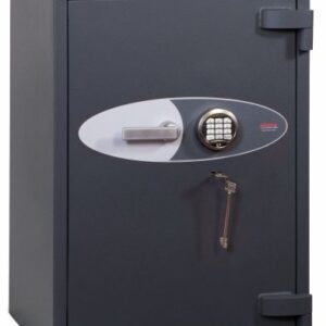 The Phoenix safe planet hs6073e is a euro grade 4 commercial safe with key and electronic code locks. Shown with its door locked and closed, it makes a formidable safe for use as a retail safe or jeweller safe or even a high security domestic safe to store up to £600,000 of jewellery or valuables.
