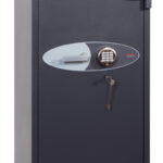 The Phoenix safe planet hs6075e is a euro grade 4 high security safe for use as a commercial safe, jeweller safe or retail safe. Build as standard with 2 VdS class 2 locks. One lock is a double bitted key lock, whilst the other is ahigh security electronic code lock. This is a formidable security safe for both domestic and retail use. Its image shows the safe with its door closed. key and electronic code locks.