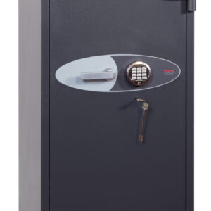 The Phoenix safe planet hs6075e is a euro grade 4 high security safe for use as a commercial safe, jeweller safe or retail safe. Build as standard with 2 VdS class 2 locks. One lock is a double bitted key lock, whilst the other is ahigh security electronic code lock. This is a formidable security safe for both domestic and retail use. Its image shows the safe with its door closed. key and electronic code locks.