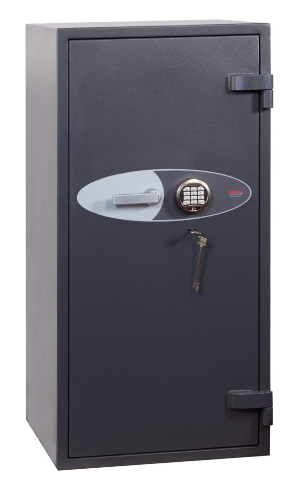 The Phoenix safe planet hs6075e is a euro grade 4 high security safe for use as a commercial safe, jeweller safe or retail safe. Build as standard with 2 VdS class 2 locks. One lock is a double bitted key lock, whilst the other is ahigh security electronic code lock. This is a formidable security safe for both domestic and retail use. Its image shows the safe with its door closed. key and electronic code locks.