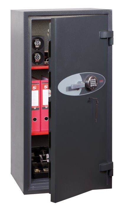 The Phoenix safe planet hs6074e is a euro grade 4 high security safe. Generally used as a commercial safe, retail safe, jeweller safe or even a domestic safe. It is tested by ECB.S and certified to store £60,000 over night or up to £600,000 of jewellery subject to insurers confirmation. The image shows the safe door open and a glimpse of suggested content. Its size is 1210mm tall, finished in graphite grey with red shelves. This formidable security safe comes with vds class 2 key and electronic code locks
