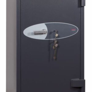 This Phoenix Safe Planet HS6075K is a euro grade 4 commercial safe that can be used as as domestic safe and retail safe. Its image shows this 1310mm tall safe in a graphite grey paint finish and its door closed. When opened it shows its 3 way angular bolts . What is hidden is its double wall construction, filled with a special concrete formulation, its anti drill plates and re-locking devices on both its key locks.