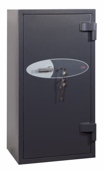 This Phoenix Safe Planet HS6075K is a euro grade 4 commercial safe that can be used as as domestic safe and retail safe. Its image shows this 1310mm tall safe in a graphite grey paint finish and its door closed. When opened it shows its 3 way angular bolts . What is hidden is its double wall construction, filled with a special concrete formulation, its anti drill plates and re-locking devices on both its key locks.