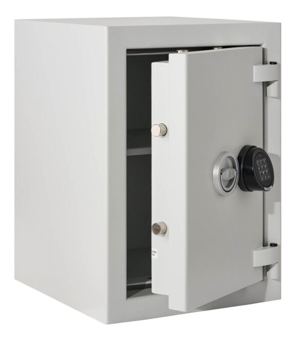 The De Raat Prisma Grade 2 size 2e is a more upright security safe. Shown open partially. You can see its height adjustable shelf.