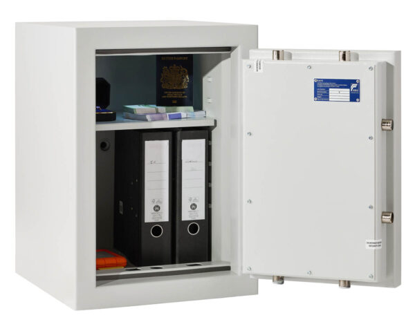 This is the Prisma Grade 2 size 2 safe for the home or office safe with its door wide open. It allows full access to the contents. It will take fools cap binders!