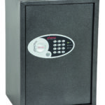 The Phoenix Safe Vela Home safe SS0804E is a £1000 cash rated safe for the home, or office safe. It comes with an electronic code lock with key override.. Its shown with its door closed.