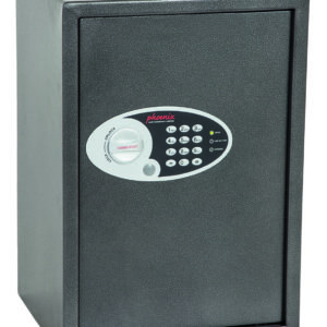 The Phoenix Safe Vela Home safe SS0804E is a £1000 cash rated safe for the home, or office safe. It comes with an electronic code lock with key override.. Its shown with its door closed.