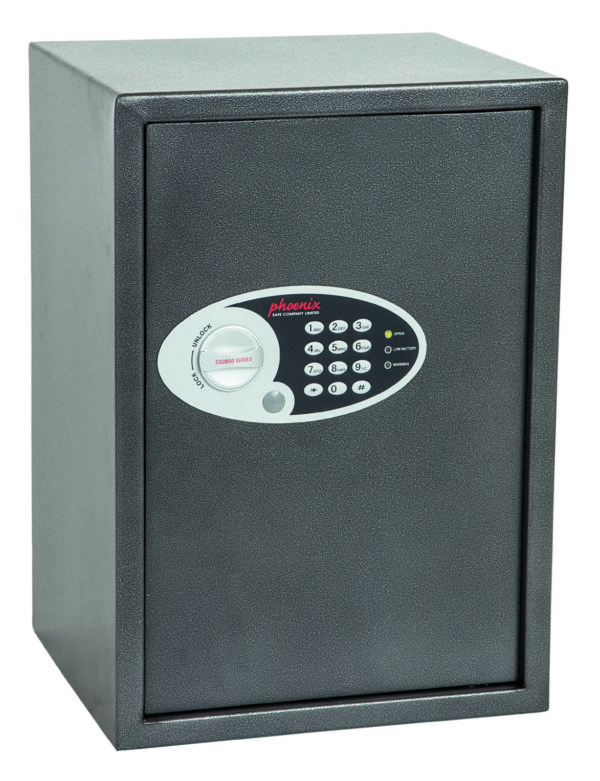 The Phoenix Safe Vela Home safe SS0804E is a £1000 cash rated safe for the home, or office safe. It comes with an electronic code lock with key override.. Its shown with its door closed.