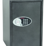 Phoenix Safe Vela Home SS0805E shown with its door closed. Its a popular safe for the home, or office safe with electronic lock. Its got key override too!!