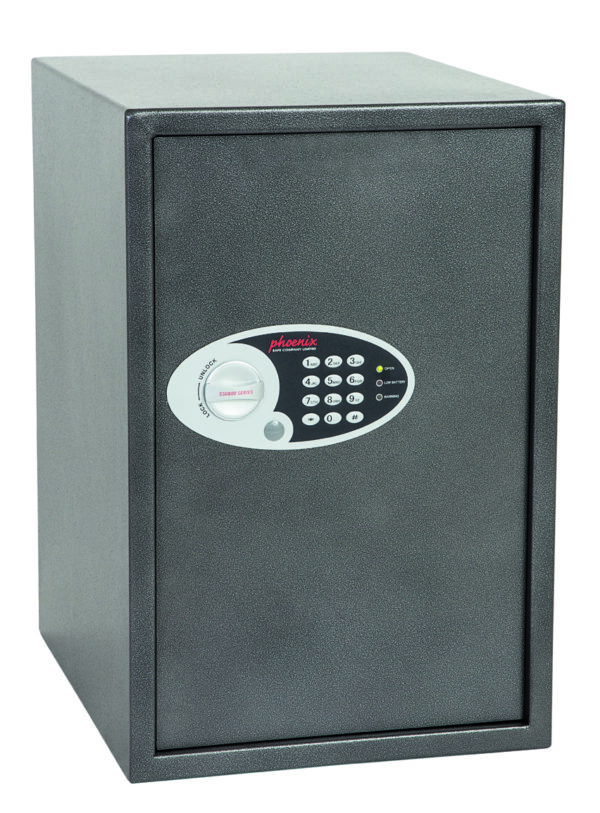 Phoenix Safe Vela Home SS0805E shown with its door closed. Its a popular safe for the home, or office safe with electronic lock. Its got key override too!!