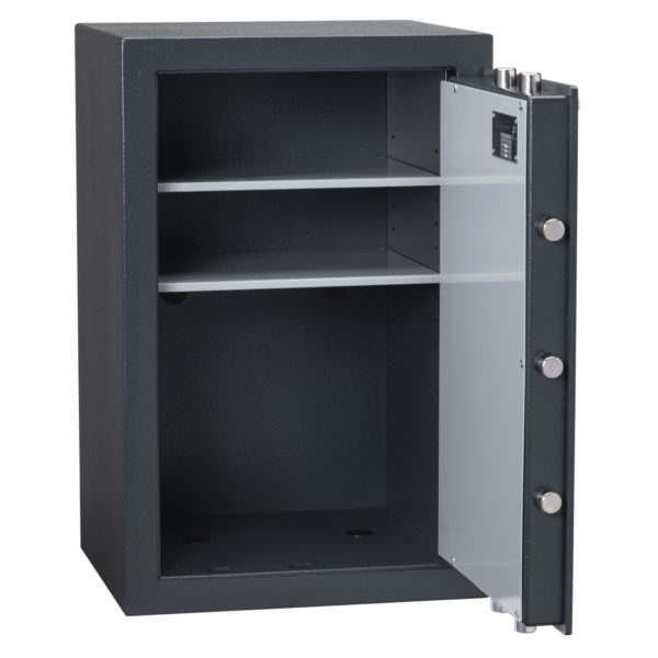 Chubbsafes zeta grade 1 size 65e safe shown open with its 2 shelves. It is a good quality office safe.