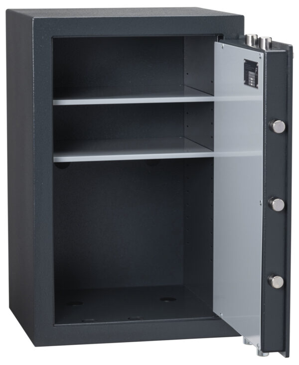 Chubbsafes zeta grade 1 size 65e safe shown open with its 2 shelves. It is a good quality office safe.