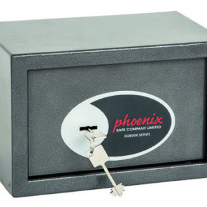 Phoenix Safe Vela Home SS0801K security safe. This has a £1000 cash rating or is suitable to store £10,000 of jewellery ! Furnished with a reliable key lock with 2 double bitted keys. Its image shows the safe with a closed door.