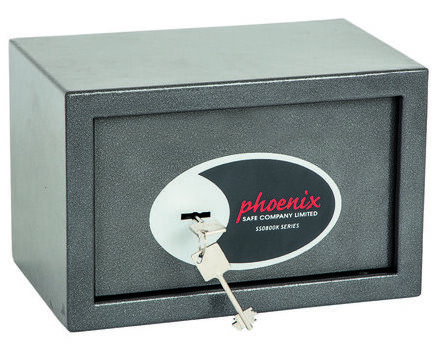 Phoenix Safe Vela Home SS0801K security safe. This has a £1000 cash rating or is suitable to store £10,000 of jewellery ! Furnished with a reliable key lock with 2 double bitted keys. Its image shows the safe with a closed door.