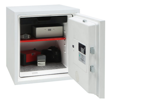 Phoenix Safe Fortress Pro SS1444E with door open showing contents. This is a strong fire safe.