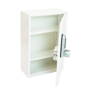 KeySecure First Aid Cabinet KSFA2MDKO size 2mdko with door open showing shelves.