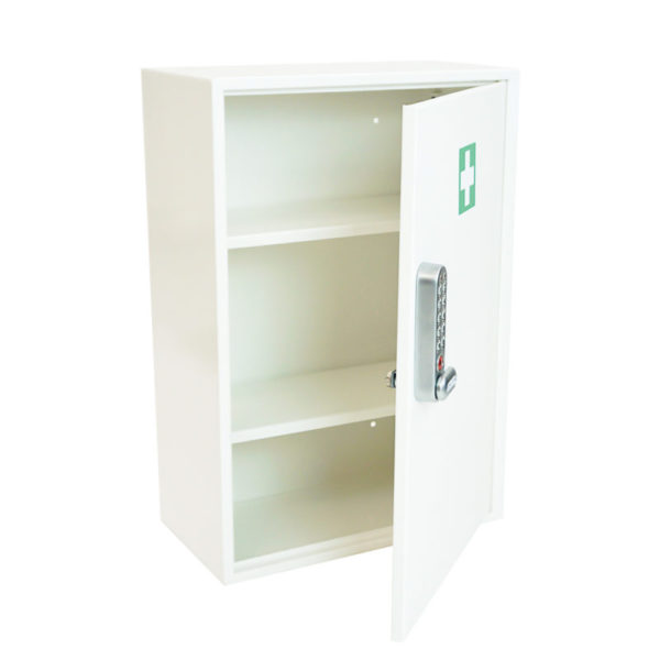 KeySecure First Aid Cabinet KSFA3E size 3e with door open and shelves.