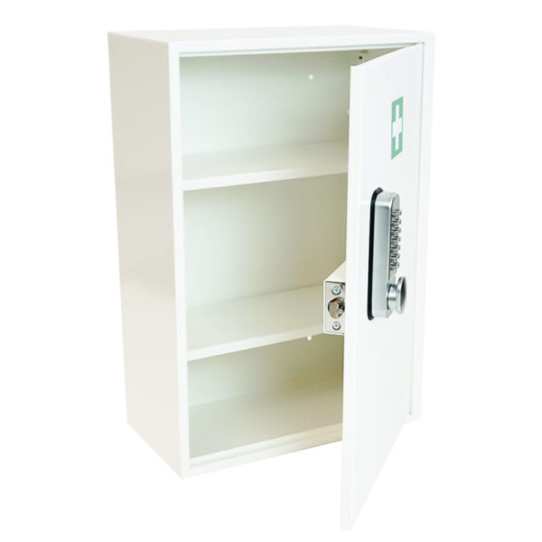 KeySecure First Aid Cabinet KSFA2MD with door open showing shelves.