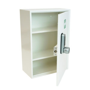 KeySecure First Aid Cabinet KSFA3MDKO with door open showing shelves