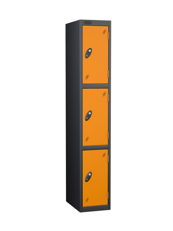 Probe Lockers for 3 users with black body and orange doors.