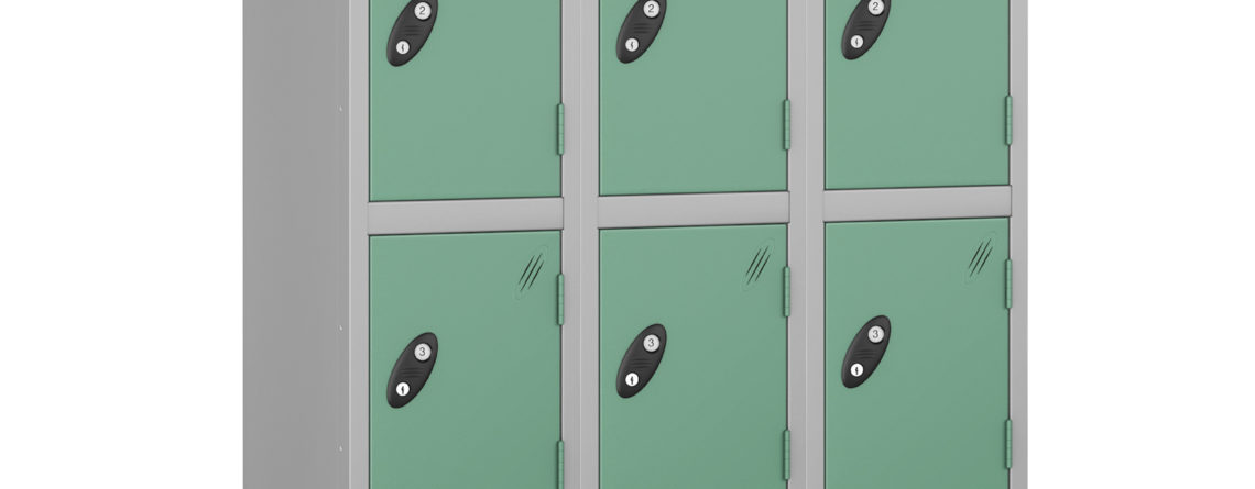 Probe Lockers for 12 users. Shown in Jade and silver grey body